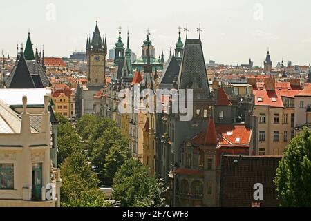 Blick von oben auf die Parizska Straße in Richtung der Dächer und Türme entlang der Straße, dem Altstädter Ring, dem Rathaus und der Nikolaikirche Stockfoto