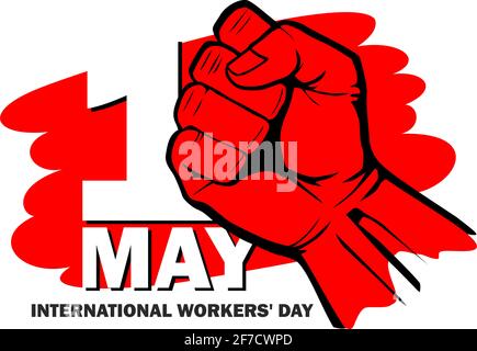 Grußkarte zum 1. Mai zum Internationalen Arbeitertag. 1. Mai - Symbol des revolutionären Protests ist rot geballte Faust angehoben. Abbildung, Vektor Stock Vektor