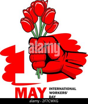 Grußkarte zum 1. Mai zum Internationalen Arbeitstag. 1. Mai - Symbol des revolutionären Protests ist die rot geballte Faust, die mit roten Tulpenblüten aufgezogen ist. V Stock Vektor