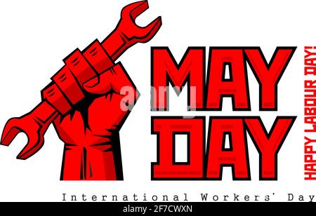 Vektoretikett am Mai mit starker roter Faust und Schraubenschlüssel. Happy Labor Day, Poster oder Grußkarte zum Arbeitstag. Vektor auf transparentem Hintergrund Stock Vektor