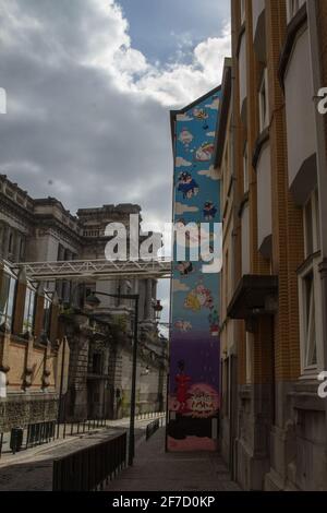 Brüssel - Belgien - 03. April 2021 : die Brüsseler Comicroute besteht aus einer Reihe von Wandgemälden, die von den großen Autoren entworfen oder inspiriert wurden Stockfoto