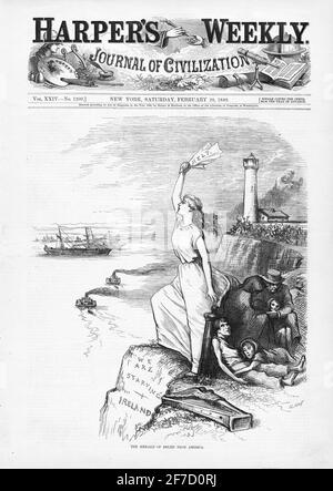 Thomas Nast, 1880. Februar Cover von Harper's Weekly, das die irische Hungersnot von 1879 zeigt. Die Illustration trägt den Titel „ The Herald of Relief from America“. Eine Frau steht auf einer irischen Klippe mit einem Schild mit der Aufschrift „Hilfe“ und der Aufschrift „Wir hungern - Irland“. Stockfoto