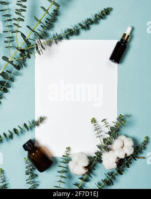 Einladungskarte Mockup mit Eukalyptuszweigen und Baumwollblumen auf blauem Hintergrund. Für die Werbung von Kosmetikprodukten Stockfoto