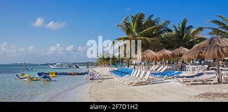 Am Strand des Badeortes Mahahual entlang der Costa Maya, Quintana Roo, Yucatán, Mexiko, warten leere Liegestühle / Liegestühle auf Touristen Stockfoto