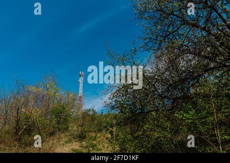 Telekommunikationsturm von 4G- und 5G-Mobilfunknetzen. Basisstation Des Cell-Standorts. Antennensender Für Drahtlose Kommunikation. Telekommunikationsturm mit Antennen gegen blauen Himmel und Baumhintergrund. Stockfoto