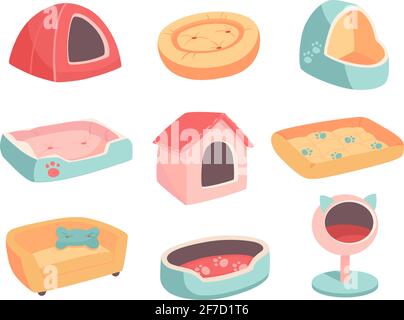 Ein Satz von Betten für ein Haustier, einen Hund oder eine Katze. Flache Vektordarstellung von Waren für Tiere. Objekte isoliert auf weißem Hintergrund, Cartoon-Stil. Türkis, Gelb, Rot, Rosa Farben. Stock Vektor