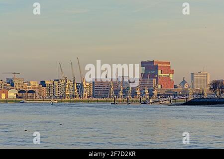 Die Skyline von Antwerpen über den Fluss Schelde mit dem MAS-Museum, alten Industriekranen und neuen Wolkenkratzern im warmen Abendlicht Stockfoto