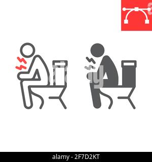 Durchfalllinie und Glyphen-Symbol, covid-19 und Verstopfung, Mann auf Toilette sitzend Vektor-Symbol, Vektorgrafiken, editierbare Kontur Umriss Zeichen, eps 10. Stock Vektor