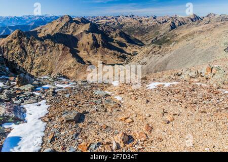 Blick auf die Pyrenäen vom Gipfel Coma Pedrosa, Andorra Stockfoto