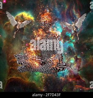 Labyrinth Mann in Lotus Pose. 3D-Rendering Stockfoto