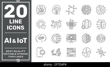 Symbole für künstliche Intelligenz und IoT-Linien gesetzt. Schwarze Vektorgrafik. Bearbeitbare Kontur. EPS 10 Stock Vektor