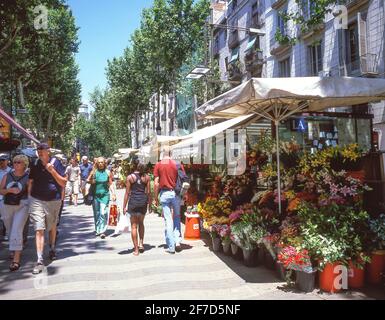 Blumenstände, Las Ramblas in Barri Gòtic (Gotisches Viertel), Barcelona, Provinz Barcelona, Katalonien, Spanien Stockfoto