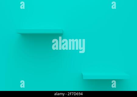 Leere Regale an der blauen Wand. 3d-Rendering Stockfoto