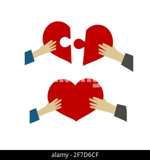 Weibliche und männliche Hände halten rotes Herz. Liebeskonzept. Romantische flache Illustration Stock Vektor