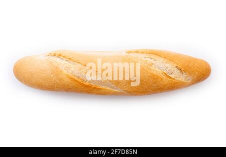 Baguette, französisches Brot, auf Weiß isolierter Laib. Kleines französisches Brot, Blick von oben Stockfoto