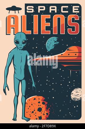 Space Aliens UFO-Raumschiff Retro-Vektor-Banner Stock Vektor