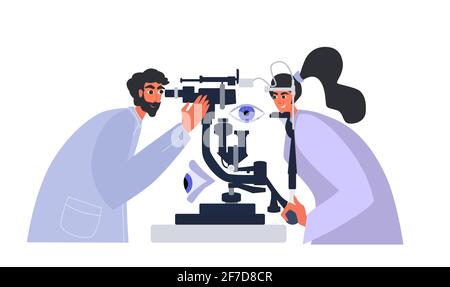 Optische Augen Test Abbildung. Konzept der Augenheilkunde. Augenarzt überprüft die Sehkraft des Patienten. Stock Vektor