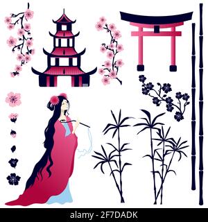 Asiatisches Mädchen, Pagode, Tor, Sakura-Blumen, Bambusstämme auf weißem Hintergrund. Satz von Elementen für das Design, vom Hintergrund isoliert. Stock Vektor