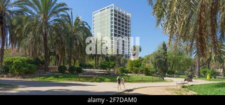 Park vor dem alten Modell Gefängnis der Stadt Valencia am Ufer des alten Turia Flussbett Stockfoto
