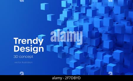 Abstrakter geometrischer Hintergrund mit blauen fliegenden 3D-Würfeln. Moderne abstrakte Business-Vorlage mit blauem 3D-Würfel auf blauem Hintergrund. Vektorgrafik Stock Vektor