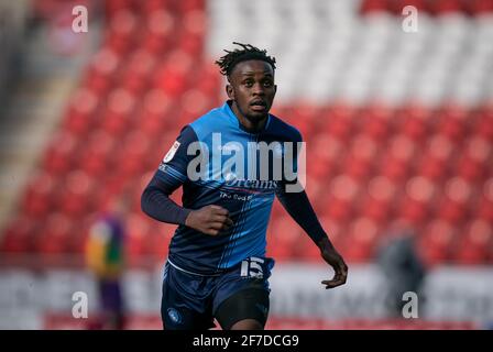Rotherham, Großbritannien. April 2021. Admiral Muskwe (Leihgabe von Leicester City) von Wycombe Wanderers während der Sky Bet Championship hinter verschlossenen Türen zwischen Rotherham United und Wycombe Wanderers am 5. April 2021 im New York Stadium, Rotherham, England. Foto von Andy Rowland. Quelle: Prime Media Images/Alamy Live News Stockfoto