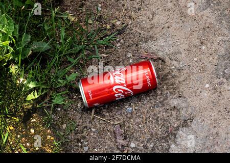 WEISSRUSSLAND, MINSK - 22. JUNI 2020: Dose Coca-Cola im Gras aus nächster Nähe Stockfoto