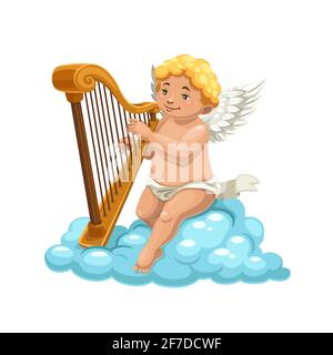 Cartoon Amor Engel spielen Harfe auf Wolke Stock Vektor