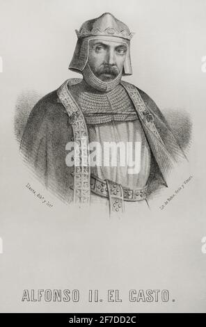 Alfonso II. Von Asturien (c. 760-842). Genannt die Keuste. Illustration von Llanta. Hochformat. Lithographie. Crónica General de España, Historia Ilustrada y Descriptiva de sus Provincias. Castilla-La Vieja, 1870. Stockfoto