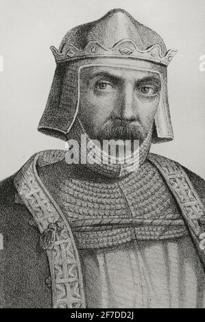 Alfonso II. Von Asturien (c. 760-842). Genannt die Keuste. Illustration von Llanta. Hochformat. Lithographie. Crónica General de España, Historia Ilustrada y Descriptiva de sus Provincias. Castilla-La Vieja, 1870. Stockfoto