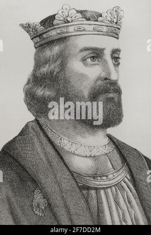 Alfonso VI. Von Leon (1040-1109). König von Leon (1065-1070) und König von Kastilien und Leon (1072-1109. Genannt der Tapfere. Illustration von Llanta. Hochformat. Lithographie. Crónica General de España, Historia Ilustrada y Descriptiva de sus Provincias. Castilla-La Vieja, 1870. Stockfoto