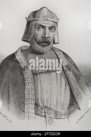 Alfonso II. Von Asturien (c. 760-842). Genannt die Keuste. Illustration von Llanta. Hochformat. Lithographie. Crónica General de España, Historia Ilustrada y Descriptiva de sus Provincias. Castilla-La Vieja, 1870. Stockfoto