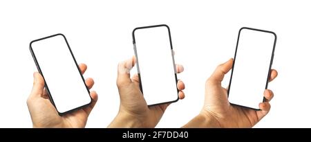 Set von modernen Smartphones mit weißem Bildschirm, Handy-Mockups auf einem weißen isolierten Hintergrund Stockfoto