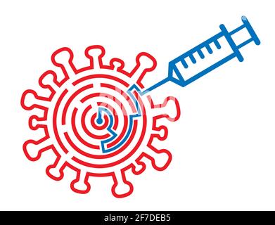 Injektion des Coronavirus-Impfstoffs, Impfung. Symbol des Coronavirus mit Labyrinth und Injektion, die den Erfolg bei der Behandlung von Covid-19 symbolisieren. Stock Vektor