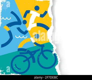 Triathlon-Rennsymbole auf stilisiertem, zerrissenem Papierhintergrund. Illustration von drei Triathlon-Athleten.Banner-Vorlage.Platz für Ihren Text. Stock Vektor