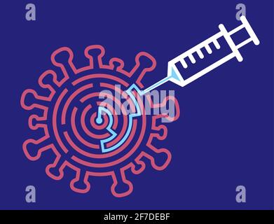Injektion des Coronavirus-Impfstoffs, Sieg über COVID-19, Maze-Konzept. Symbol des Coronavirus mit Labyrinth und Injektion. Stock Vektor