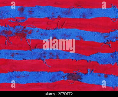 Zeitgenössische abstrakte Kunst Illustration. Horizontale Stoffstreifen und Farbstruktur. Farbenfroher Hintergrund expressive impressionistische moderne Malerei Banner Postkarte Poster. Schroffe Papiertextur Stockfoto