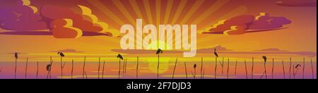 Sonnenuntergang mit Vögeln am Strand. Stock Vektor