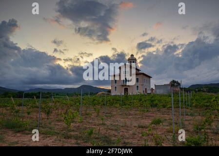 Torre Lluvià de Manresa, umgeben von Weinbergen des DO Pla de Bages, bei einem Sommeruntergang (Provinz Barcelona, Katalonien, Spanien) Stockfoto