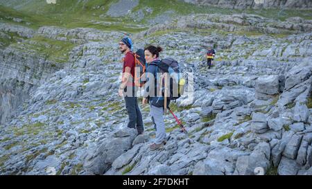 Trekking im Nationalpark Ordesa und Monte Perdido zwischen der Schutzhütte Góriz und Brèche de Roland (Huesca, Spanien, Pyrenäen) ESP: Trekking en Ordesa Stockfoto