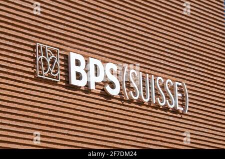 Lugano, Tessin, Schweiz - 16. März 2021 : Banca Popolare di Sondrio oder BPS Suisse Bankschild an einem Gebäude in Lugano, Schweiz Stockfoto