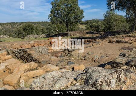 Villasviejas del Tamuja. Archäologische Stätte in der Nähe von Botija in Extremadura. Spanien. Stockfoto