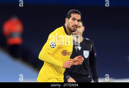 Manchester, Großbritannien. April 2021. Fußball: Champions League, Manchester City - Borussia Dortmund, K.O.-Runde, Viertelfinale, erste Etappe im Etihad Stadium. Der Dortmunder Emre Can läuft über das Spielfeld. Kredit: Lindsey Parnaby/dpa/Alamy Live Nachrichten Stockfoto