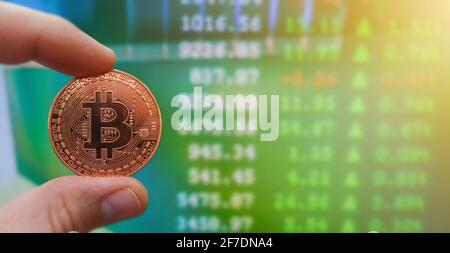 Mann mit goldenem Bitcoin gegen Finanzgraphen. Konzept der Preis- und Wertänderung der Kryptowährung. Stockfoto