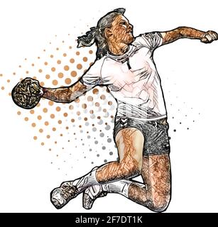 Farbige Frau Handball Spieler Vektor-Illustration auf weißem Hintergrund Stock Vektor