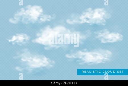 Wolke in realistischem Stil auf transparentem Hintergrund. Abstrakte Wolken gesetzt. Vektordesign-Vorlage. Stock Vektor