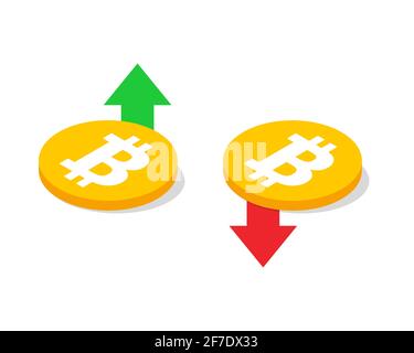 Bitcoin mit auf- und Abwärtspfeilen. Fall und Anstieg des Bitcoin-Kryptowährungssymbols Vector EPS 10 Stock Vektor