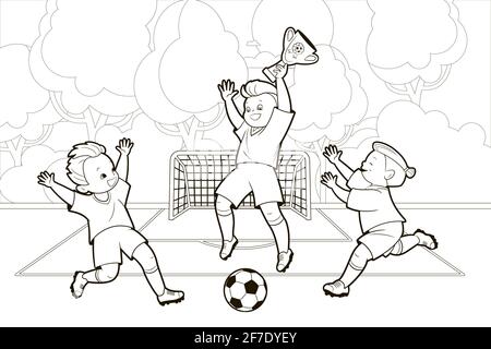 Malbuch; Darstellungen von Fußballjungen in verschiedenen Positionen, die einen Fußball spielen. Vektor-Illustration im Cartoon-Stil, schwarz-weiße Linienkunst . Stock Vektor