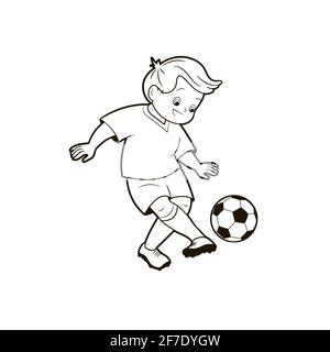 Malbuch; Darstellungen von Fußballjungen in verschiedenen Positionen, die einen Fußball spielen. Vektor-Illustration im Cartoon-Stil, schwarz-weiße Linienkunst . Stock Vektor