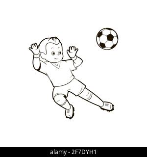 Malbuch; Darstellungen von Fußballjungen in verschiedenen Positionen, die einen Fußball spielen. Vektor-Illustration im Cartoon-Stil, schwarz-weiße Linienkunst . Stock Vektor