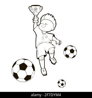 Malbuch; Darstellungen von Fußballjungen in verschiedenen Positionen, die einen Fußball spielen. Vektor-Illustration im Cartoon-Stil, schwarz-weiße Linienkunst . Stock Vektor